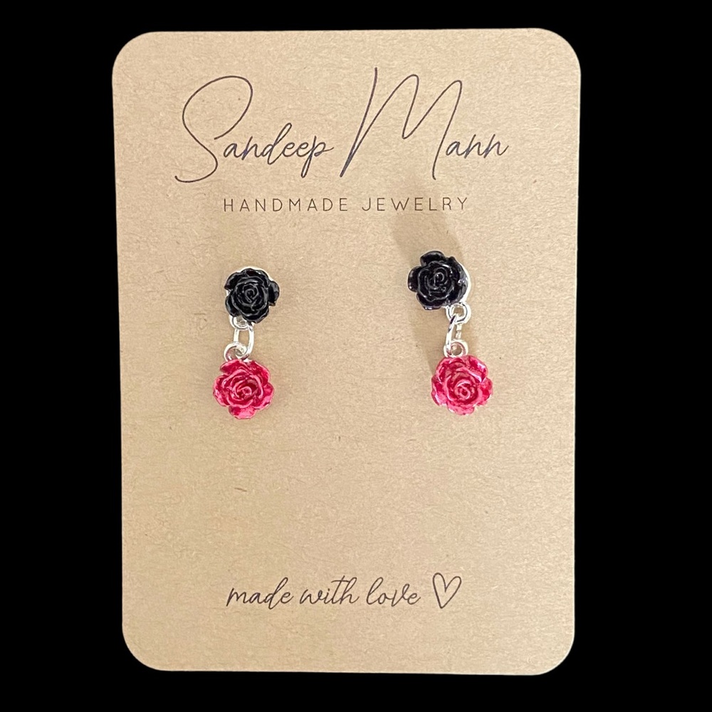Handmade flower earrings in red and black